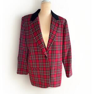 VTG Sag Harbor Petite blazer red black tartan plaid Women’s Size 10 Preppy 90’s